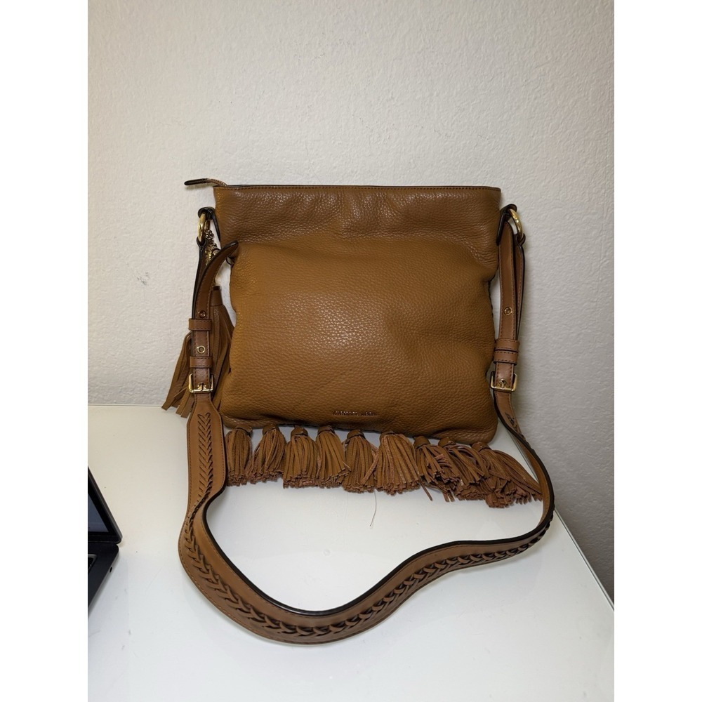 Michael Kors Camel Brown Tasseled Crossbody Purse Braid Strap Design Western